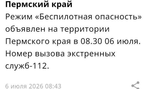 В Пермском крае ввели режим «Беспилотная опасность» (обновлено)
