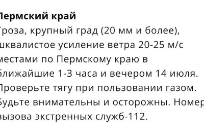 В ближайшие часы в Пермском крае ожидаются грозы, крупный град и шквалистый ветер