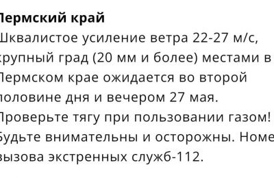 Жителей Прикамья предупредили о граде и порывах ветра до 27 м/с